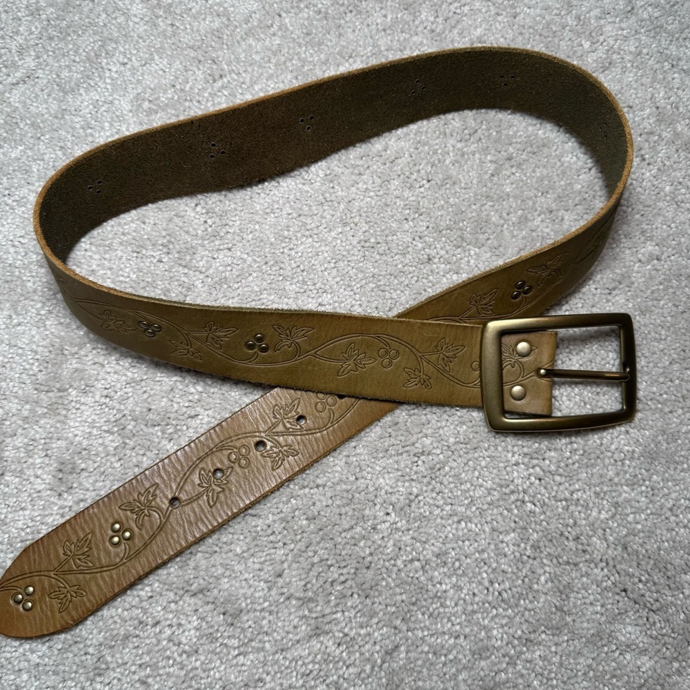 Linea Pelle Olive Green Embossed Leather Brass Buckle Belt Sz L (Fit: 34” - 38”)